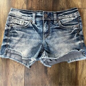 Silver Jeans Co. Aiko Mid Shorts  Destressed Raw Hem Denim Shorts Women's W28/3L